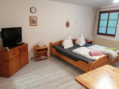 a bedroom with a bed and a tv and a table at Frisch renovierte, familienfreundliche 1-Zi FeWo am Bach und zwischen zwei Seen 