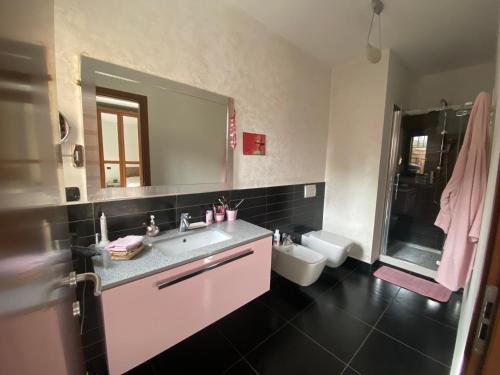 La salle de bains est pourvue d'un lavabo, de toilettes et d'un miroir. dans l'établissement IL GIARDINO DI ZEUS, à Cologno Monzese