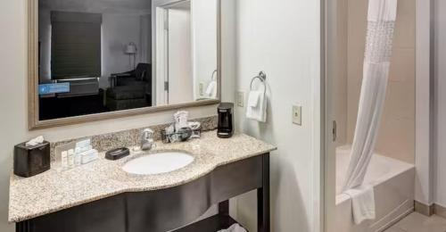 蓋恩斯維爾的住宿－Hampton Inn & Suites Gainesville Downtown，一间带水槽和镜子的浴室