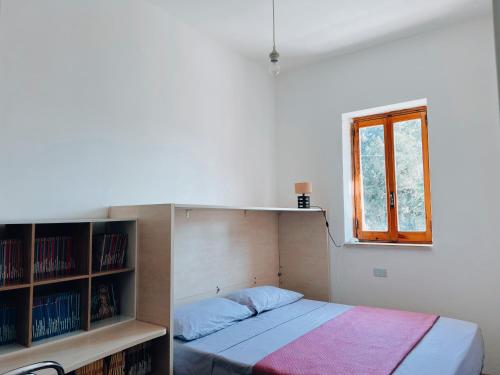 a bedroom with a bed and a book shelf at La casetta di Fiore in Selva di Fasano