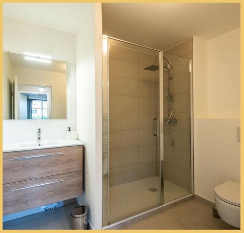 La salle de bains est pourvue d'une douche et d'un lavabo. dans l'établissement Chez Clemence T3 Ville La Grand, à Ville-la-Grand