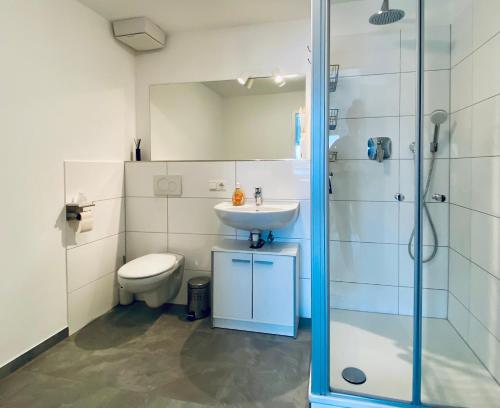 a bathroom with a toilet and a sink and a shower at Das Bootshaus in Seeon