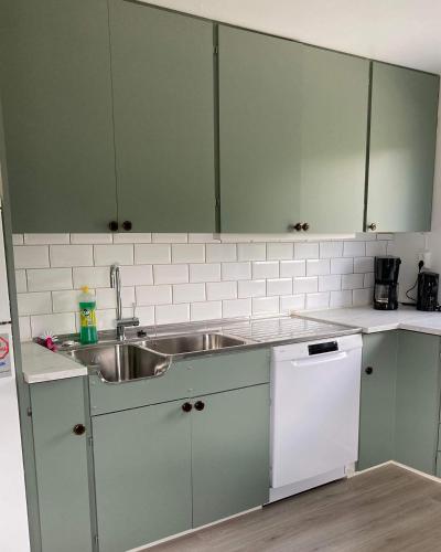 a kitchen with green cabinets and a sink at Store Ringheim Apartment - Villa Hjadlane in Vossevangen