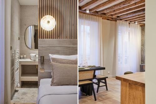- deux photos d'une chambre avec un lit et un bureau dans l'établissement Appartement au coeur de Paris Madeleine by Studio prestige, à Paris