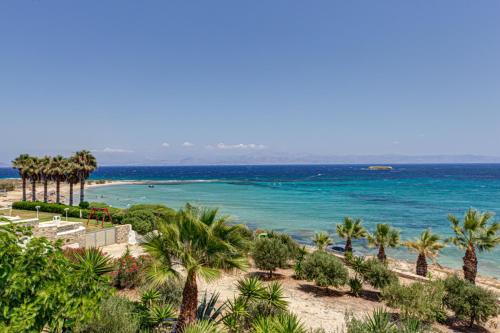 vistas a una playa con palmeras y al océano en Paros Blue Dolphin FULLY RENOVATED by RIVEA GROUP, en Chrissi Akti