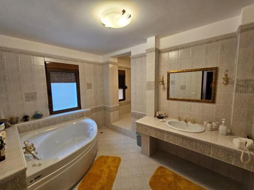 a bathroom with a tub and a sink and a mirror at Vila DANI near Castle and Old Bazar in Krujë