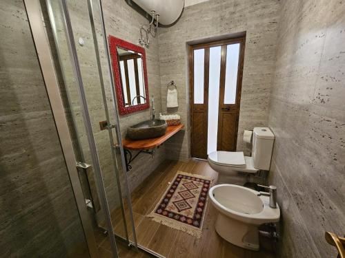 a bathroom with a toilet and a shower and a sink at Vila DANI near Castle and Old Bazar in Krujë