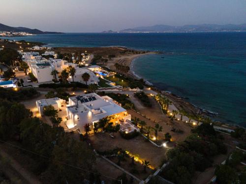 an aerial view of a beach at night at Paros Blue Dolphin FULLY RENOVATED by RIVEA GROUP in Chrissi Akti