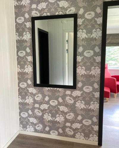 a mirror on a wall in a living room at Store Ringheim Apartment - Villa Hjadlane in Vossevangen