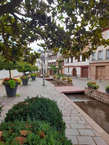 a city street with a canal and buildings at LOVE ROOM Le rouge et noir in Barr