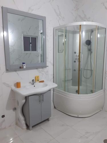 een badkamer met een douche, een wastafel en een spiegel bij chez Lourdes in Assomada