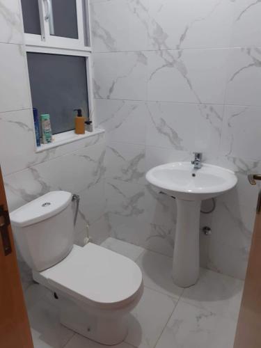 een witte badkamer met een toilet en een wastafel bij chez Lourdes in Assomada