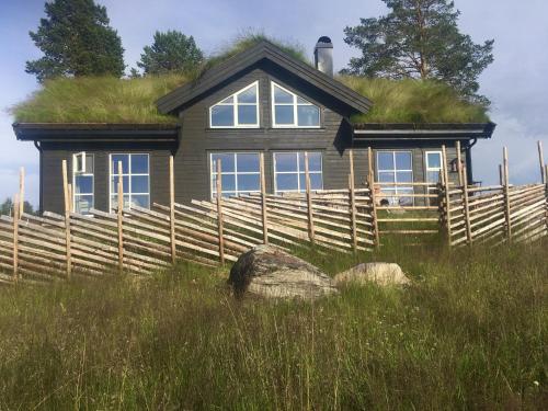 dom z dachem trawy na górze w obiekcie New and cozy family cabin on Golsfjellet w mieście Golsfjellet