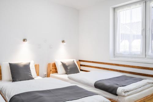 2 camas en una habitación con ventana en Alborella Vendégház, en Fadd