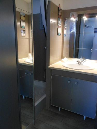 une salle de bain avec un lavabo et un miroir dans l'établissement APPT 2 PIECES MEZZANINE 28M2 + TERRASSE 10M2 REF 4038, à Le Castellas