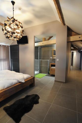 a bedroom with a bed and a chandelier at Domaine de Suzel in Vignieu
