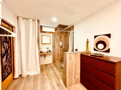 La salle de bains est pourvue d'un rideau de douche et d'un lavabo. dans l'établissement Apartamento El Maset, à Tárrega
