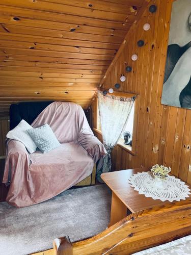 a small bed in a wooden room with a table at Viesu nams RŪĶĪŠI in Rugāji