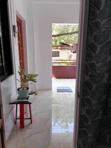 un pasillo con una planta sentada en una mesa junto a una puerta en RYO3 en Dávao