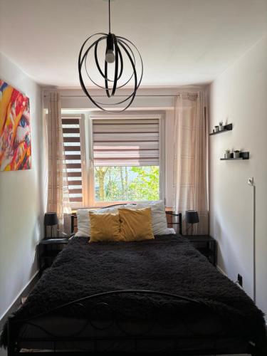 a bedroom with a bed with a window and a chandelier at Apartament Teresa in Nysa
