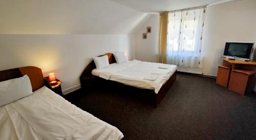 a hotel room with two beds and a television at Pensiunea Tara in Moieciu de Sus