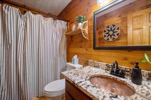 y baño con lavabo, aseo y espejo. en Sunset Peak - Treehouse - Kid Zone -FirePit-HotTub, en Ellijay