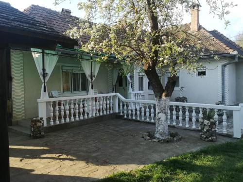 uma casa branca com uma cerca branca e uma árvore em Country Romania Home em Frunzi
