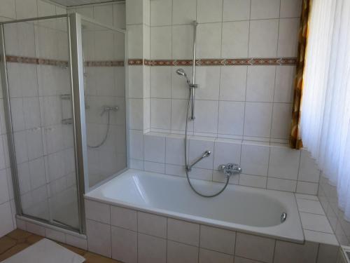 uma casa de banho com um chuveiro e uma banheira em Ferienwohnung Am Teuto em Tecklenburg