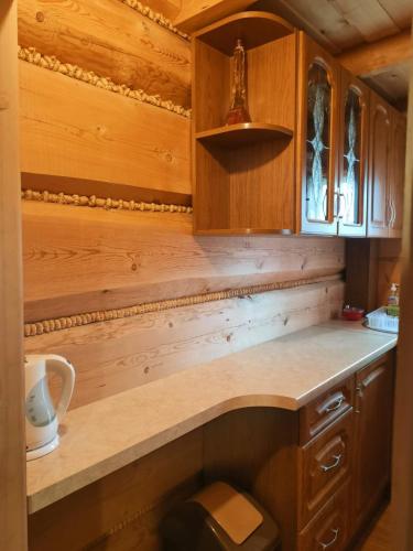 a kitchen with wooden cabinets and a counter top at Dom Wypoczynkowy "U Gruszki" in Dzianisz