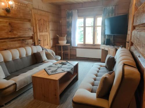 a living room with two couches and a table at Dom Wczasowy u Gruszki in Dzianisz