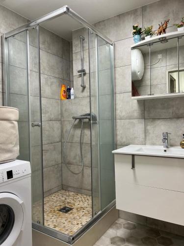 une douche avec une porte vitrée dans une salle de bain dans l'établissement Appartement Chaleureux Portes de Paris, à Aubervilliers