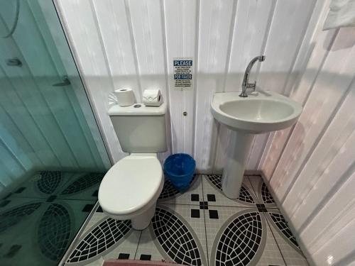 a small bathroom with a toilet and a sink at Vista do Lago Jungle Lodge in Cajual