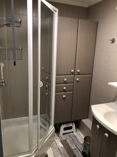 une salle de bain avec douche et lavabo dans l'établissement Appt 8 pers / garage / terrasse / vue mer, à Sète