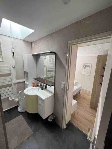 une salle de bain avec un lavabo, des toilettes et un miroir dans l'établissement Maisonette Ti’calypso T2 - proche plage, à Saint-Nazaire