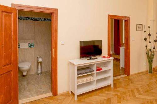 a bathroom with a toilet and a television on a counter at Stella apartments in Prague