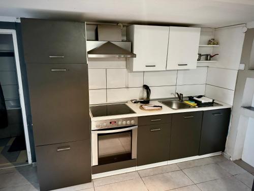 una pequeña cocina con fogones y fregadero en Monteurzimmer für 2 Person - Nähe DO-Flughafen, en Dortmund