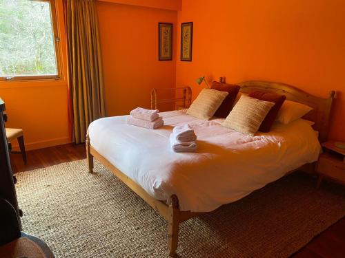 um quarto com uma cama grande e paredes cor-de-laranja em Cairngorm Lodge Rothiemurchus em Aviemore