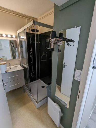 une salle de bain avec une douche, un lavabo et un miroir dans l'établissement Appartement à 300m des thermes, à Cazaubon