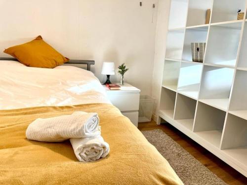 a bedroom with a bed and a book shelf at Cosy Apartment Studio Close to Cafes in Norwich