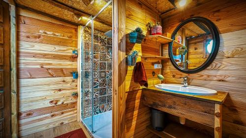 y baño con lavabo y espejo. en La yourte kirghize en Alès