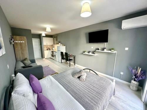 a bedroom with a bed with purple pillows at Cozy Studio Paphos in Paphos