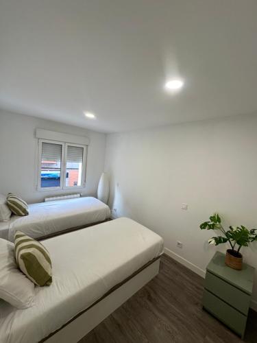 1 dormitorio con 2 camas y ventana en Apartamentos dos Habs Madrid Urgel en Madrid
