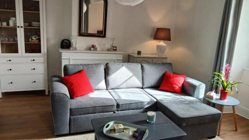 a living room with a gray couch with red pillows at Maison chaleureuse à Martisserre avec jardin privatif et cheminée in Martisserre