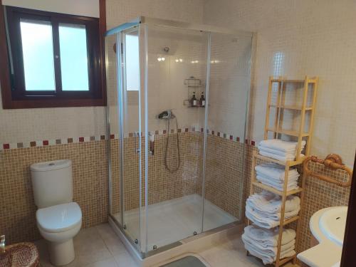 uma casa de banho com um chuveiro e um WC. em Apartamento con jardín y piscina temporada verano privados em Samieira