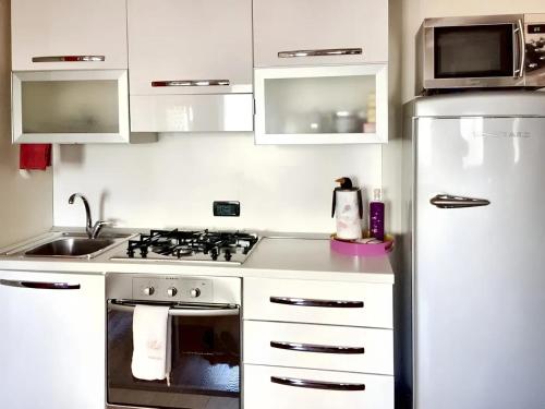 cocina blanca con fogones y nevera en One bedroom apartement with city view and wifi at Venezia, en Venecia