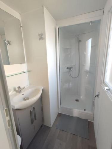 a white bathroom with a shower and a sink at CasinhaDaPraia in Aguçadoura