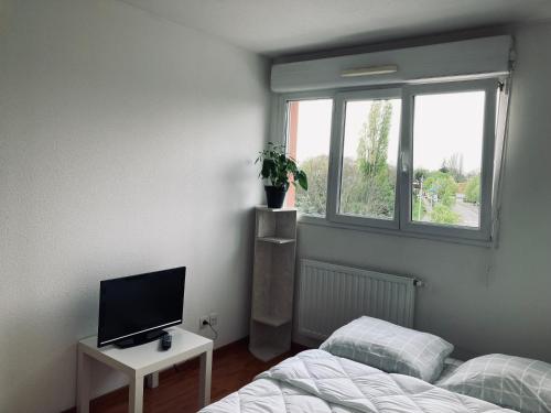 a bedroom with a bed and a tv and a window at T3 Strasbourg zénith in Strasbourg