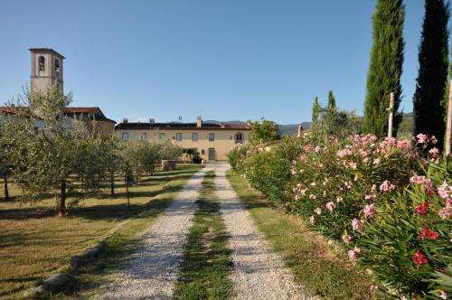 eine Straße durch einen Obstgarten mit Blumen in der Unterkunft Agriturismo San Rocco in Pistoia