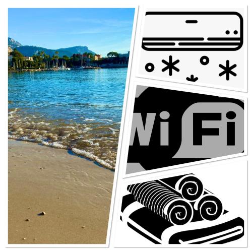 une photo d'une plage avec l'océan dans l'établissement Lovely city center rental with balcony, à Beaulieu-sur-Mer