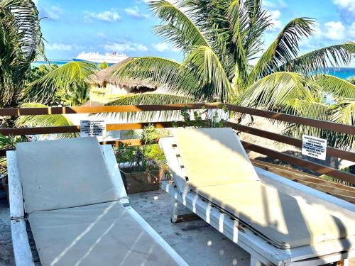 a bench on top of a balcony with palm trees at Hotel Boutique Pachamama in Mahahual